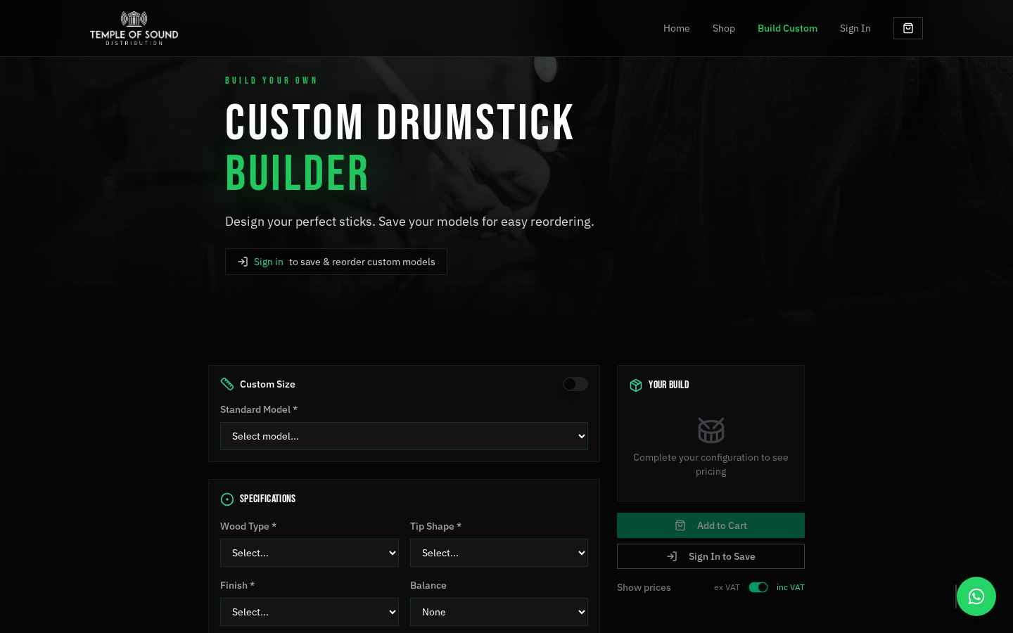 Custom drumstick builder configurator