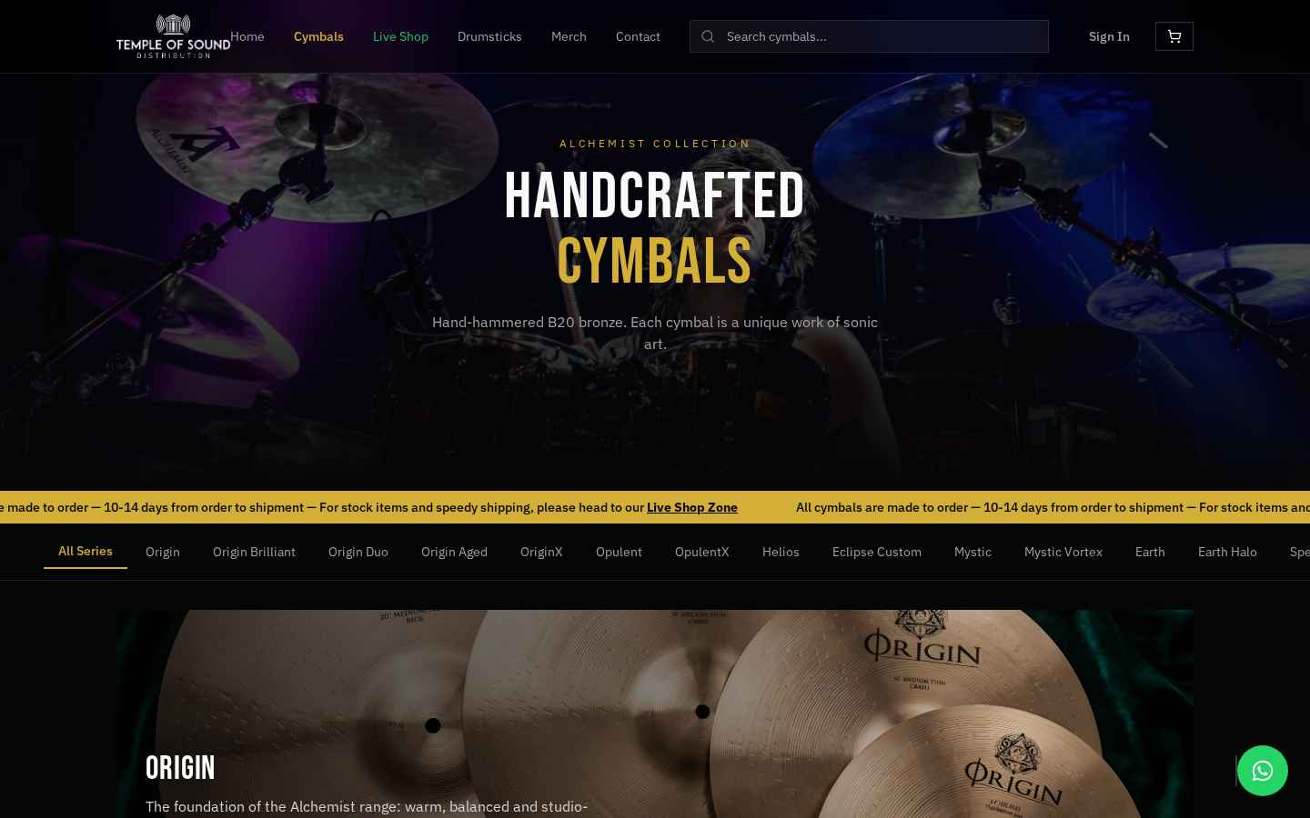 Alchemist Cymbals shop with series filtering